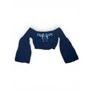 Lottie Moss Navy Floral Off the Shoulder Bell Sleeve Crop Top Size Small PacSun